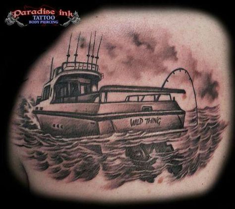 Fishing boat tattoo Fishing Boat Tattoo, Simon Tattoo, Tom Tattoo, Fishing Tattoo, Boat Tattoo, Scene Tattoo, Studio Images, Money Tattoo, Bar Plans