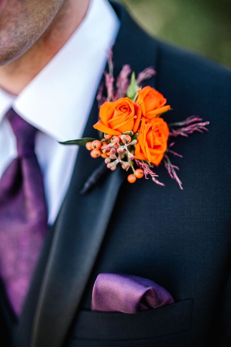 Wedding Colors 2025, Navy Blue Groom Suit, Bridesmaid Dresses Orange, Royal Purple Bridesmaid Dress, Blue Groom Suit, Orange Purple Wedding, Navy Blue Groom, Orange Boutonniere, September Wedding Colors