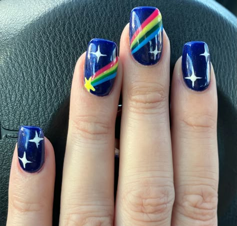 Pride Nail Designs Short, Rainbow Galaxy Nails, Rainbow Brite Nails, Rainbow And Black Nails, Blue Rainbow Nails, Rainbow Star Nails, Dark Blue Acrylics, Rainbow Short Nails, Black Rainbow Nails