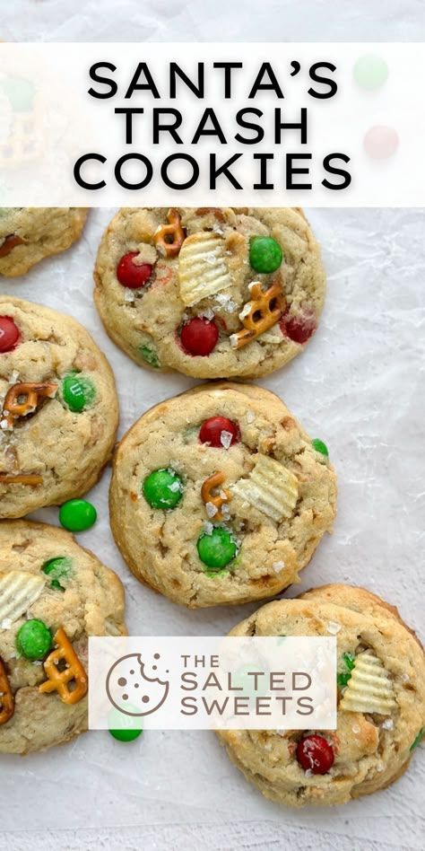 Santa's trash cookies are the holiday version of the kitchen sink cookie. They're loaded with salty and sweet, chocolate and peanut butter. A fun mix of whatever you've got on hand. Santas Favorite Cookie, Santas Kitchen Sink Cookies, Santa’s Trash Cookie, Santa’s Trash Cookies, Santa Trash Cookie Recipe, Santa’s Kitchen Sink Cookies, Santa's Trash Cookies, Christmas Trash Cookies, Trash Cookies Recipes