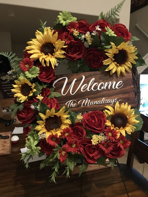 Fall Wedding Sunflowers And Roses, Burgundy And Yellow Floral Arrangements, Sunflower And Roses Centerpieces Wedding, Wine Red And Sunflower Wedding, Red And Yellow Wedding Centerpieces, Wedding Flowers Sunflowers And Roses, Sunflower And Red Rose Wedding Centerpieces, Burgandy Sunflowers Wedding, Rose And Sunflower Centerpiece