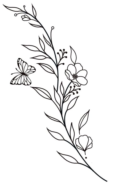 Flower And Vine Tattoo, Dainty Flower Tattoos, Flower Vine Tattoos, Flower Tattoo Stencils, Hand Tattoo Designs, Vine Drawing, Easy Flower Drawings, Western Tattoos, Easy Drawings For Beginners