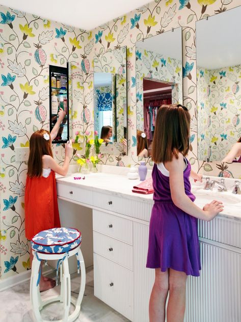 Kid-Friendly Bathrooms | HGTV Girls Shared Bathroom, Sister Bathroom, Kid Friendly Bathroom, Girl Bathroom, Hidden Cabinet, Childrens Bathroom, Kids Cleaning, Tub Cleaner, Spa Inspiration