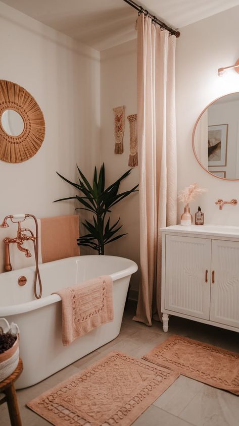 40+ Dreamy Bohemian Bathroom Ideas for Your Personal Sanctuary Boho Theme Apartment, Bathroom Decor Pastel, Bathroom Ideas Terracotta, Pink Boho Bathroom Decor, Pink Bathroom Apartment, Renter Friendly Bathroom Decor, Aesthetic Bathroom Decor Ideas, Terracotta Bathroom Decor, Bathroom Aesthetic Apartment