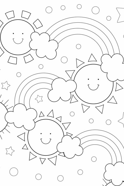 A rainbow coloring page with three rainbows, three smiling suns, six clouds and stars all around them. Your kids will love to color this page! Toddler Coloring Pages Free Printable, Rainbow Colouring Pages, Sunshine Coloring Pages, Sun Crafts For Kids, Rainbow Symbolism, Rainbow Colouring Pages Free Printables, You Are My Sunshine Coloring Page, Rainbow Coloring Sheet, Rainbow Coloring Pages Free Printable