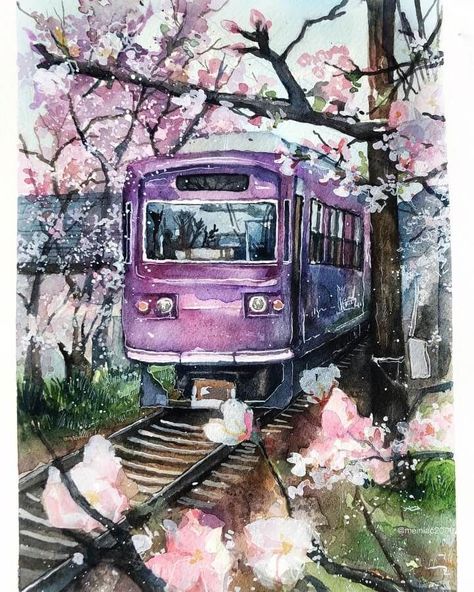 Themes in Watercolor Paintings Aesthetic Art Drawing Watercolor, Color Water Painting Beautiful, Train Painting Watercolor, Dreamy Watercolor Art, Best Water Colour Paintings, Beautiful Water Colour Painting, Beautiful Watercolour Painting, Water Colouring Painting, Water Colour Art Inspiration