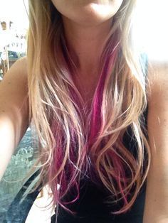 Pink Stripes In Blonde Hair, Hot Pink Streaks In Blonde Hair, One Pink Streak In Hair, Pink Highlights Underneath Hair, Blond Hair With Pink Streaks, Pink Hair Layers, Pink Underdye Hair Blonde, Hot Pink Underneath Hair, Pink Streak In Hair