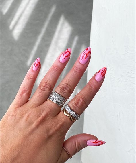 Pink And Red Flame Nails, Flames Manicure, Nail Fire Art, Pink Bride Nails, Red Flames Nails, Pink Flames Nails, Nail Flames, Glastonbury Nails, Nails With Flame Design