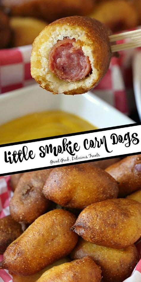 Collage of closeup shot of little smokie corn dog with bite taken out at top and closeup shot of more corn dog bites at bottom. Mini Corn Dog Bites, Recipes Using Cocktail Weenies, Mini Hot Dog Recipes Lil Smokies, Little Smokies Breakfast Recipes, Recipe For Lil Smokies, Lit’l Smokies, Beef Smokies Recipes, Lil Smokies Cornbread, Litl Smokies Recipe