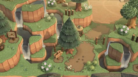 ACNH forestcore entrance Acnh Cliff Ideas Cottagecore, Acnh Entrance Terraforming, Animal Crossing Entrance Ideas, Animal Crossing Entrance, Acnh Entrance, Kakariko Village, Cottagecore Animal Crossing, Ac Ideas, Acnh Cottagecore