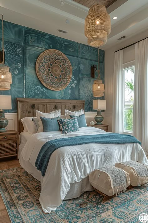 Portuguese Bedroom, Natural Bedroom Ideas, Light Blue Boho Bedroom, Beach Theme Room, Beach Bedroom Ideas, Coastal Modern Living Room, Blue Themed Bedroom, Ocean Room Ideas, Modern Coastal Bedroom Ideas