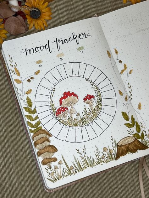 Mushroom Journal Theme, Forest Journal Page, Mushroom Journal Page, Mushroom Habit Tracker, Forest Journal, Mushroom Bullet Journal Theme, Mushroom Journal Ideas, Mushroom Mood Tracker, Cottagecore Bujo