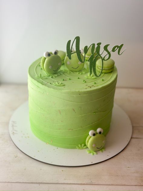 Lime Green Cake Ideas, Frog Cake Birthday, Frog Cake Ideas, Green Bday Cake, Capybara Cake, Frog Birthday Cake, Cake With Macarons, Frog Party Ideas, Frog Ideas