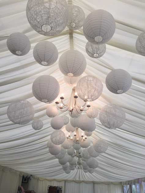 Marquee Ceiling Decoration, String Lights Outdoor Wedding, Reception Ceiling, Marquee Decoration, White Paper Lanterns, Paper Lanterns Wedding, Lantern Decor Wedding, Lace Lanterns, Wedding Ceiling