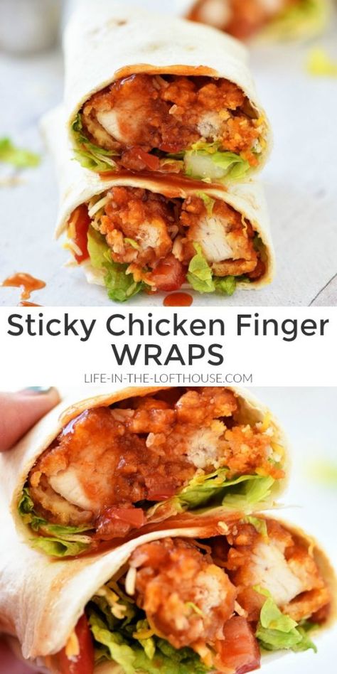 Spicy Glazed Chicken, Finger Wraps, Chicken Finger, Sticky Chicken, Flour Tortilla, Chicken Fingers, Glazed Chicken, Tomato And Cheese, Tortilla Wraps