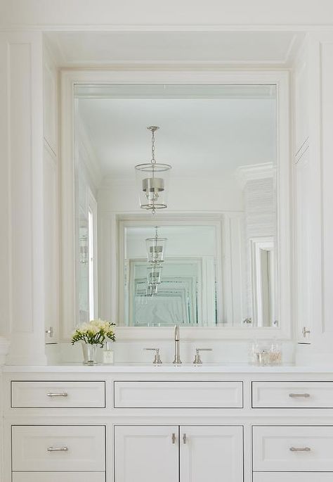 Beveled Mirror Bathroom, Polished Nickel Bathroom Faucet, Polished Nickel Bathroom, Nickel Faucet, Polished Nickel Faucet, Traditional Bathroom Designs, Pretty Bathrooms, Powder Room Design, Bathroom Redesign