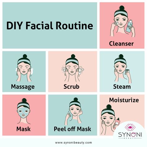 Beat the effects of heat on your skin with this DIY facial routine:   Start off by applying deep action facial cleanser  Massage scrub on your face and exfoliate gently  Take boiling water and place it below your face for steam  Apply clay mask for 5 minutes to remove excess oil  Apply peeling mask, peel it off when dry  Apply a moisturizing mask to maintain PH balance  #skincare #wakeupandmakeup #makeupdolls #mua #hudabeauty How To Apply Scrub On Face, Skin Care Routine With Steamer, How To Scrub Face Step By Step, When To Steam Your Face, Face Facial Step By Step, Face Scrub Routine, What To Apply First Skincare, Diy Face Peel, How To Apply Cleanser