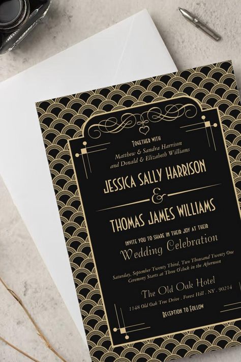 Vintage 1920's Art Deco Gatsby Wedding Collection Invitation Wedding Invitations Black And Gold, Gold Wedding Reception Tables, Gold Wedding Decorations Receptions, 1920s Wedding Invitations, Roaring Twenties Wedding, Antique Wedding Invitations, Glamorous Wedding Invitations, Gatsby Wedding Invitations, Ivory Wedding Invitations