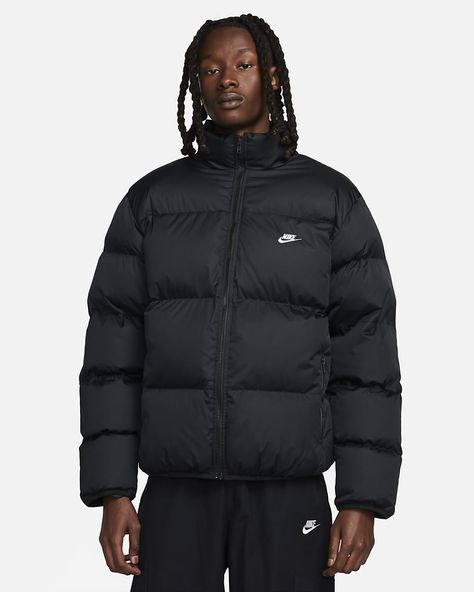 Nike Mens Clothing, Nike Puffer Jacket, Nike Puffer, Puffer Jacket Men, Mens Puffer Jacket, Cold Fits, Boys Fits, Black Puffer Jacket, Black And White Tops