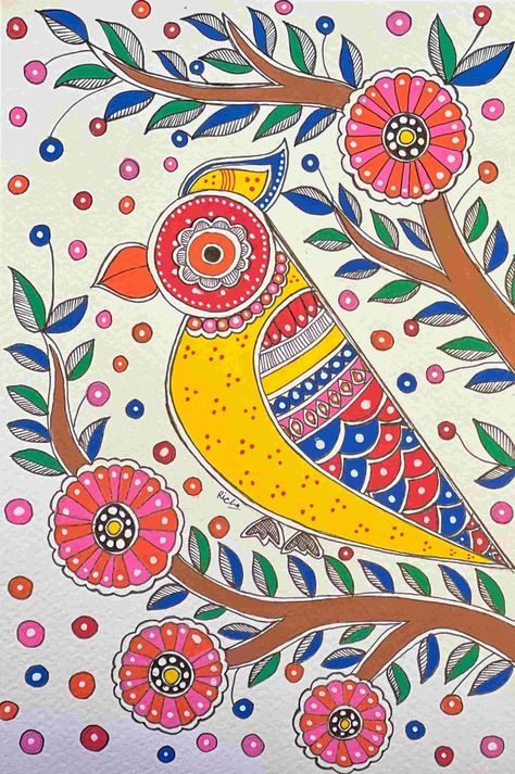 Madhubani Painting /Folk Art tutorial/How to do step by step by RichaGallery Indian Folk Art Painting Easy, Madhubani Painting Easy, Madhubani Art Easy, Easy Madhubani Painting, Madhubani Motifs, Embroidered Photo Art, Culture Project, Mirror Canvas Art, Mithila Art