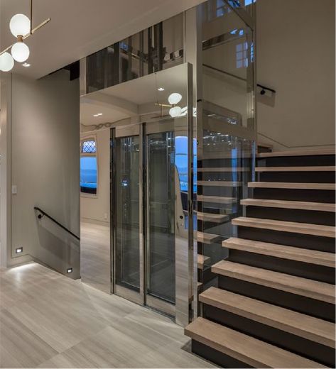 Glass Lift With Staircase, Modern House With Elevator, Penthouse Elevator Entrance, Elevator Designs For House, Stairs And Elevator Design, House Elevator Ideas, Home Lifts Elevator, In Home Elevator, Glass Elevation House