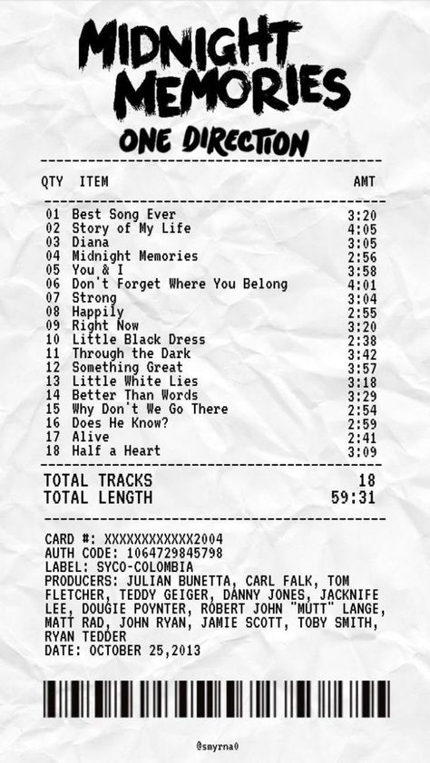 One Direction Receipt, Artist Receipt, One Direction Aesthetic Lyrics, Music Receipts, Music Receipt, One Direction Tickets, One Direction Logo, Album Receipt, One Direction Albums