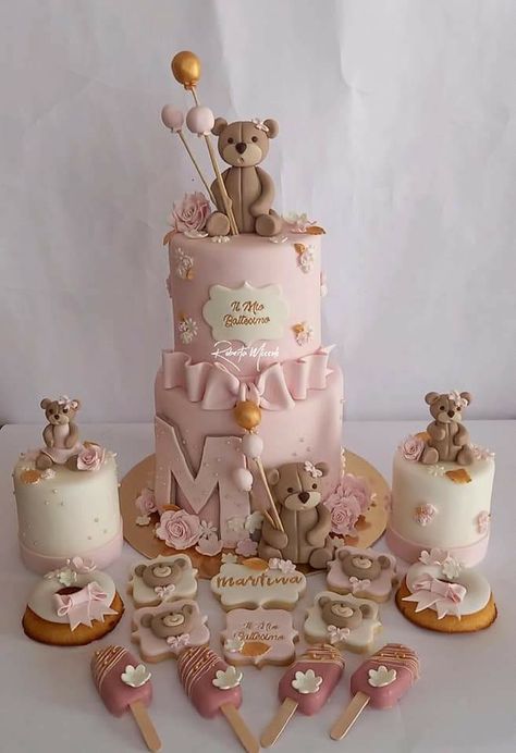 We Can Barely Wait Cake Pink, Pink Christening Cake, Pink Bear Baby Shower, Baby 1st Birthday Cake, Baby Shower Girl Diy, Baby Shower Cake Ideas, Baby Shower Cake Decorations, Bear Baby Shower Theme, Pastel Baby Shower