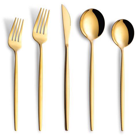 PRICES MAY VARY. 【SERVICE FOR 8】: 40 pieces silverware set includes 8 dinner knives, 8 dinner forks, 8 dinner spoons, 8 dessert forks, 8 dessert spoons 【Mulit-application】: Modern silverware sets are perfect for any formal or informal occasions, such as home, restaurant, hotel, Suitable for wedding, traveling, camping, party, catering, Also as a good gift for family and friends. 【Dishwasher safe】: (Note: Use neutral detergent to flush it,Pls never use strong alkaline or strong oxidizing chemical Gold Silverware Table Setting, Silverware Table Setting, Gold Silverware, Knives Kitchen, Gold Cutlery, Spoon Knife, Cooking Utensils Set, Kitchen Utensil Set, Forks And Spoons