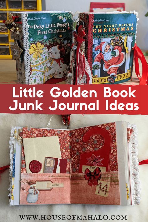 Junk Journaling For Beginners, Junk Journal Organization Storage, Recipe Junk Journal Ideas, Junk Journal With Cricut, Junk Journal Binding, Golden Books Crafts, Diy Journal Ideas, Little Golden Books Crafts, Christmas Junk Journal Ideas