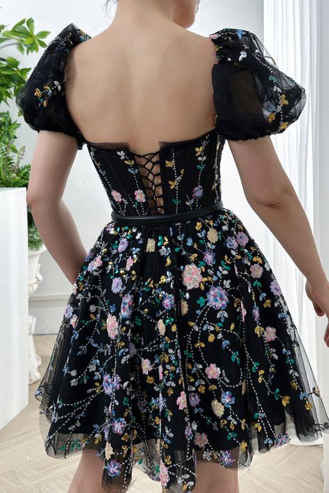 Corset Beaded Floral Mini Dress with Short Puff Sleeves Patterned Bridesmaid, Exclusive Dress, Summer Inspo, Dresses Elegant, Black Cocktail, Chic Clothes, Prom Party, Black Cocktail Dress, Summer Accessories