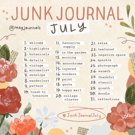 Meg’s Instagram profile post: “✨ The wait is over… #JunkJournalJuly 2021 is officially here! Are you joining us? I am so excited to bring you another month of junk…” Junk Journal Prompts, Junk Journal Challenge, To My Dear Friend, Art Journal Challenge, Bullet Journal For Beginners, Prompt List, Journal Challenge, Art Journal Prompts, Memory Journal