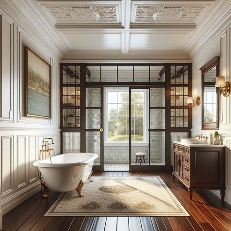 A detailed image of a modern colonial style bathroom to serve as inspiration for a remodel. Walls adorned with classic white wood paneling, providing a fresh and clean backdrop. A double sink with dark wood cabinets and brass fixtures, exuding a vintage yet luxurious touch. Gleaming hardwood floors that create warmth and richness often associated with the colonial aesthetic. Lastly, a separate shower with glass doors and beautiful subway tilework finalizes the modern aspect of the design. Old Money Master Bath, Claw Bathtub Shower Combo, Bathroom Clawfoot Tub Layout, Bathroom Remodel Clawfoot Tub, Vintage Clawfoot Tub Bathroom, Small Bathroom Clawfoot Tub, Vintage Bathroom Design, Bathroom Clawfoot Tub, Classic Bathroom Decor