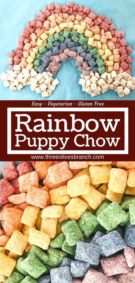 Rainbow Puppy Chow is a colorful dessert recipe! Perfect for St Patrick's Day, Pride, and unicorn parties. Gluten free muddy buddies sweet and salty snack in rainbow colors. Colorful Dessert Recipes, Puppy Chow Snack Mix Recipe, Unicorn Rainbow Party, Puppy Chow Recipe, Rainbow Snacks, Chow Recipe, Puppy Chow Recipes, Jelly Cookies, Chow Chow Puppy