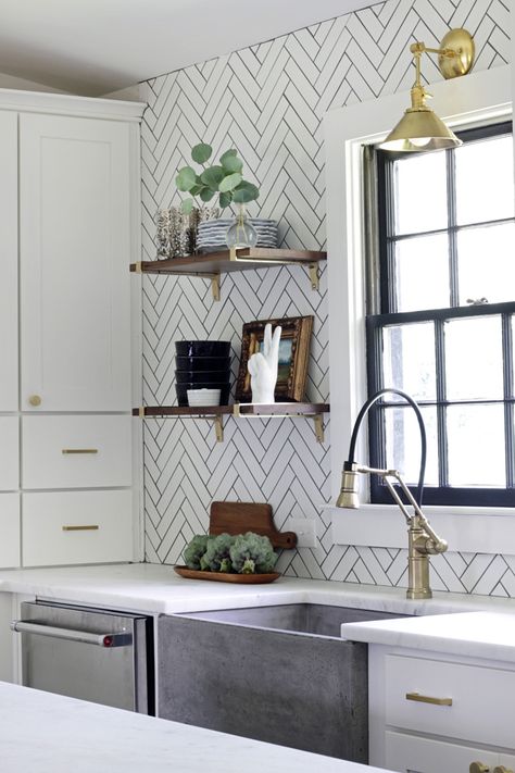 Beautiful Kitchen Backsplash Ideas - jane at home Kitchen With Chevron Backsplash, Chevron Tile Kitchen Backsplash, Two Toned Kitchen Cabinets Backsplash, Backsplash Kitchen With Grey Cabinets, Kitchen Backsplash With Light Grey Cabinets, Kitchen Tiles Grey Cabinets, Gray Cabinet Backsplash, Basement Kitchen Backsplash, Verticle Subway Tiles Kitchen