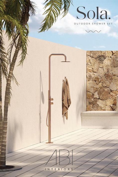 Squeeze more out of the seasons with our first-ever outdoor shower. ⁠ ⁠ Sola's free-standing design features a rain shower, hand shower, progressive mixer and diverter on one durable structure. ⁠ ⁠ The 316 grade stainless steel construction ensures exceptional protection against the elements so you can enjoy the outdoors all year round. ⁠ ⁠ Advantageously, the Sola is applicable for both exterior and interior areas, with three finishes to help procure the perfect space. Free Standing Outdoor Shower Ideas, Freestanding Outdoor Shower Ideas, Exterior Shower Design, Modern Outdoor Shower Ideas, Exterior Shower Ideas, Pool Shower Design, Outdoor Spa Area Ideas, Outdoor Pool Shower Ideas, Pool Shower Outdoor