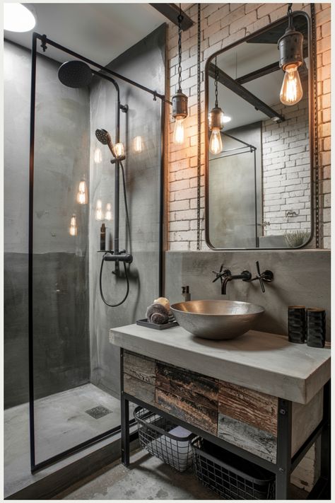 Industrial-style bathroom with concrete sink, exposed brick, and hanging Edison bulbs. Industrial Style Bathroom Vanity, Small Industrial Bathroom, Industrial Bathroom Ideas, Modern Industrial Bathroom, Small Bathroom Solutions, Kitchen Flooring Trends, Kitchen Tile Inspiration, Ensuite Bathroom Designs, Industrial Chic Kitchen