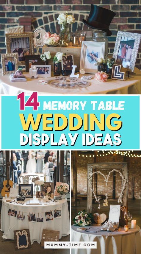 Honor the memories that matter on your wedding day with unique display ideas for your memory table! Discover creative arrangements that tell your love story and pay tribute to family. Your guests will adore the thoughtful details. 💕🌿 Save this pin for your big day! Photos On Tables At Wedding, Memory Wall For Wedding, Displaying Pictures At Wedding, Wedding Photo Table Ideas, Table Of Honor Wedding, Wedding Memory Table Ideas Display, Wedding Memorial Table Ideas Display, Memorial Table Wedding Display, Memory Ideas For Wedding