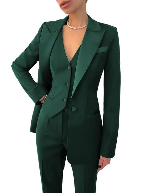 PRICES MAY VARY. polyester,cotton Imported Button closure Line Dry Blazers: Notched lapel,thick shoulder pads.Stick one button closure,Hidden pocket.Long sleeve,simple cuffs，regular and neat blazer hem,Single breasted vest. Pants:Straight leg pants,stick button with zipper closure,Adjustable waist ,functional slant pockets. Applicable: Versatile women's suits. Casual elegant style. Suitable for office, work, business meeting, vacation, date, everyday wear, etc. Washing Guide: Machine washable，Do Blazer Vest, Suit Set, 3 Piece, Slim Fit, Blazer, Green, Pants, Trousers