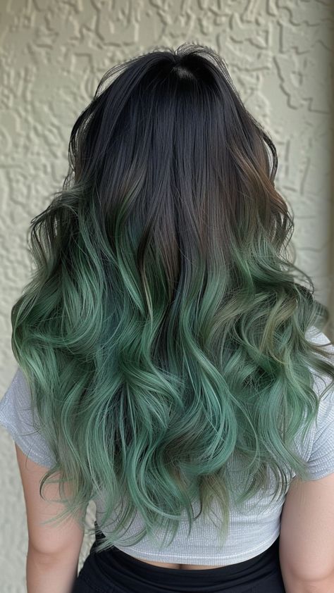 18 Vivid Ombre Ideas for Black Hair That Impress Brown To Dark Green Ombre Hair, Green Balayage On Black Hair, Green Hair Balayage Dark Brown, Brown And Green Ombre Hair, Green Hair With Black Tips, Black Hair With Green Ends, Brown To Green Ombre Hair, Ombré Brunette Hair, Dark Teal Hair Ombre