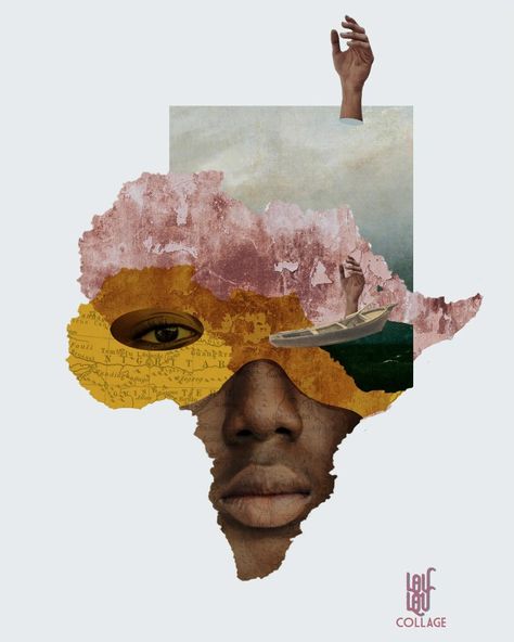 Africa Collage Art, Cultural Appropriation Art, Africa Collage, Pencil Sketches Landscape, African Portraits Art, African Drawings, Map Collage, Surrealist Collage, Appropriation Art