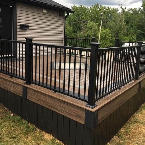 Finished Deck Ideas, Black Patio Deck Ideas, Upgrading Mobile Home Exterior, Front Deck Skirting Ideas, Side Of Deck Ideas, Deck With Skirting, Best Deck Designs, Under Deck Fencing Ideas, Deck Facing Ideas