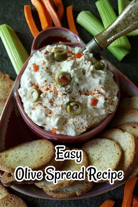 Classic Cream Cheese and Green Olives Spread - This classic creamy olive spread is delicious for tea sandwiches or use it as a tangy creamy dip for veggie sticks or with your favorite party crackers and chips. Cream Cheese Green Olive Dip, Olive And Cream Cheese Dip, Olive Dip Recipe Cream Cheeses, Cream Cheese Italian Dressing Dip, Cream Cheese Olive Sandwich, Cream Cheese And Olive Tea Sandwiches, Celery Dip Cream Cheese, Olive And Cream Cheese Spread, Olive Salad Dip