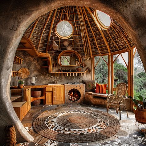 Hut in the Congo 🛖 In this cozy, sunlit home, the morning begins with the gentle glow of sunlight filtering through the round windows, casting intricate patterns across the room. The warmth of the adobe walls and the thatched ceiling creates a welcoming, earthy embrace. The air is filled with the fresh scent of nearby greenery, and a subtle breeze flows through the open windows, stirring the leaves of the indoor plants. #africanarchitecture #afrofutursim #vernaculararchitecture #Africa #ar... Thatched Ceiling, African Mud House, African Huts, Backgrounds Reference, African Hut, Earth Houses, Unusual Houses, Round Windows, Hut House