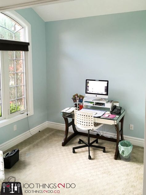 Benjamin Moore Tranquil Blue, Bm Summer Shower Paint, Sweet Dreams Benjamin Moore, Benjamin Moore Summer Showers, Summer Shower Benjamin Moore, Home Office Mood Board, Chelsea Bedroom, Light Teal Paint, Office Mood Board