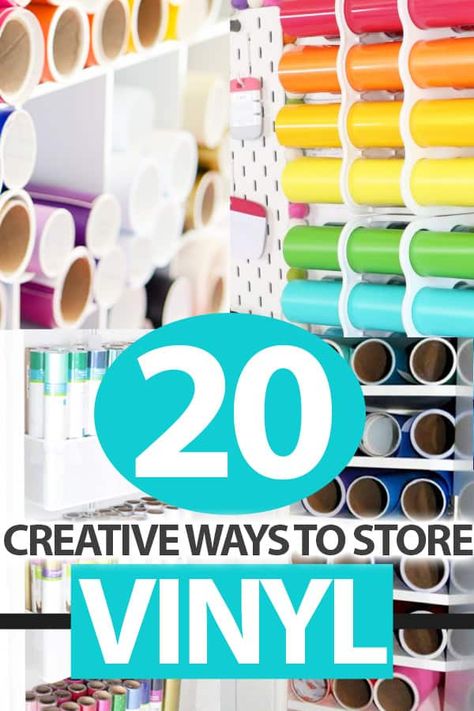 20 creative ways to store your vinyl Vinyl Cricut Storage, Storage Ideas For Cricut Vinyl, Vynil Roll Storage, Vinyl Rolls Storage Ideas, Htv Vinyl Storage, Adhesive Vinyl Storage, Vinyl Organization Ideas Diy, Diy Htv Vinyl Storage, How To Store Vinyl Sheets