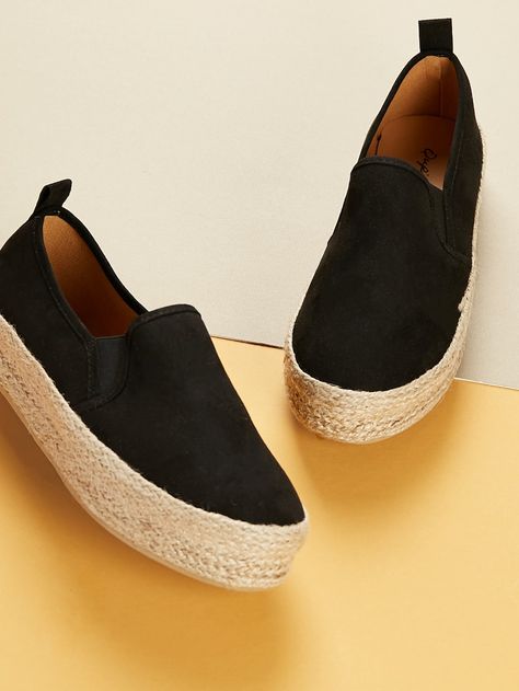 Flatform Slip On Jute Trimmed Espadrille Sneakers -SheIn(Sheinside) Black Heels Low, Heeled Espadrilles, Modesty Outfits, Espadrille Sneakers, Casual Sneakers Women, Couple Outfits, Plain Black, Flat Espadrille, Casual Shoes Women