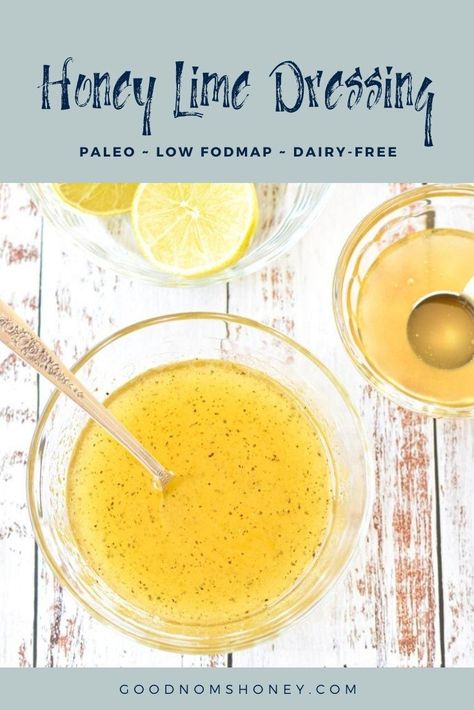 This 6-ingredient Honey Lime Dressing brings the perfect balance of sweetness and tang to your favourite salads! Paleo and Low FODMAP. #goodnomshoney #honeylimedressing #honeylimevinaigrette #saladdressing #condiments #paleo #lowFODMAP #summerrecipes Low Fodmap Dressing, Honey Lime Salad Dressing, Low Fodmap Salad Dressing, Fodmap Salad Dressing, Fodmap Condiments, Low Fodmap Salad, Honey Lime Dressing Recipe, Fodmap Salad, Paleo Low Fodmap