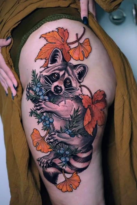 Nocturnal Animals Tattoo, Neo Traditional Raccoon Tattoo, Neotrad Animal Tattoo, Neotraditional Animal Tattoos, Traditional Forest Tattoo, Bear Leg Tattoo, Neo Traditional Animal Tattoo, Newt Tattoo, Raccoon Tattoo Design