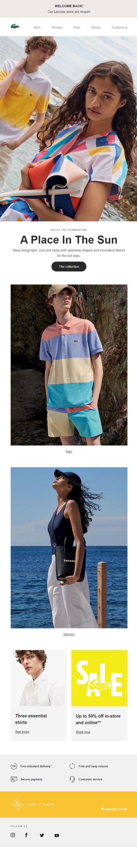 Welcome back summer email from Lacoste #EmailMarketing #Email #Marketing #Summer #Welcome #Fashion Summer Email, Lacoste Polo, American Express, Polo Shirts, Email Marketing, Matching Sets, Welcome Back, Polo Shirt, Marketing