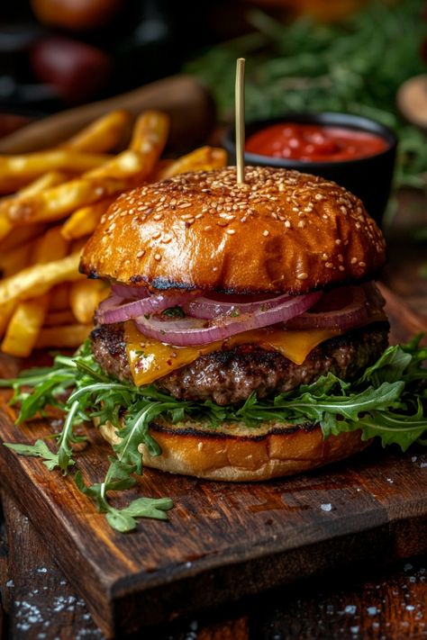 Cheeseburger with onions, arugula, and a side of fries. Burger Menu Photography, Burgers And Sandwiches, Different Hamburger Ideas, Different Cuisines, Gourmet Burgers Ideas, Burger And Fries Aesthetic, Cheeseburger Aesthetic, Burger Plating Ideas, Food Photography Burger